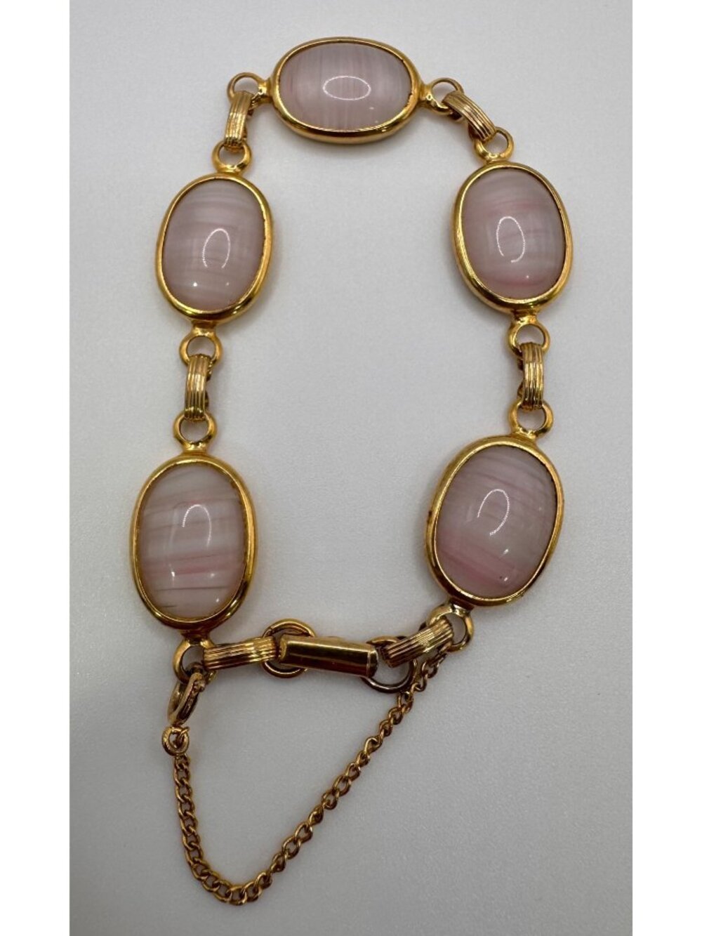 Vintage Sarah Coventry Pink Shadows Bracelet Gold Tone Glass Cabochon Signed